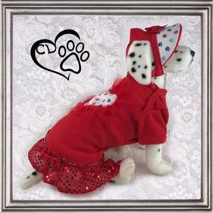 Red XS Dog Dress with Paw Print Heart & Hat